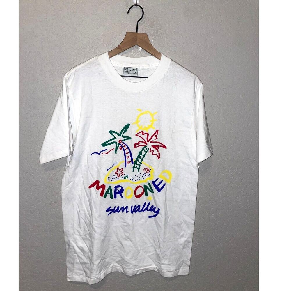 Vintage Tropical Beach Shirt Sgt. Leisure Marooned Sun Valley White L Tee 80s